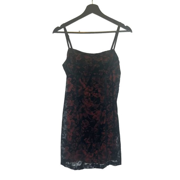 Vintage 90s Black Red Floral Sheer Sleeveless Bodycon Short Dress 7 - Picture 1 of 11